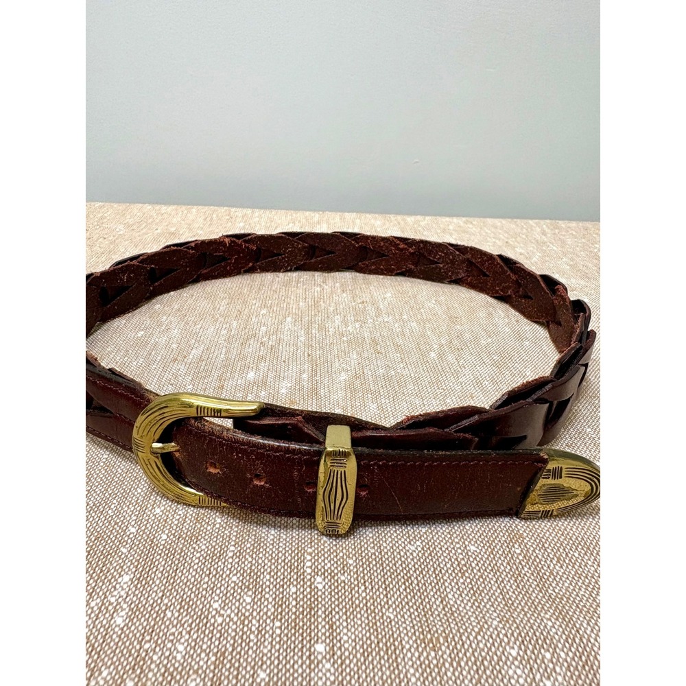 Vintage Braided Brown Leather Belt Handcrafted Mexico Brass Hardware 33in - Picture 3 of 11